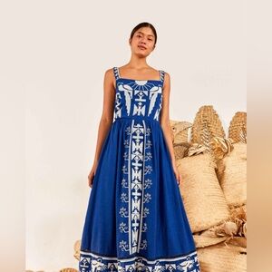 Farm Rio Blue Macaw Embroidered Maxi Dress